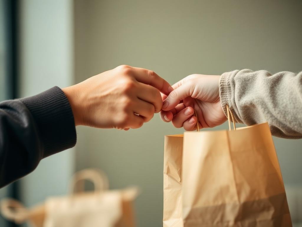 A volunteer hands a paper grocery bag to a community member